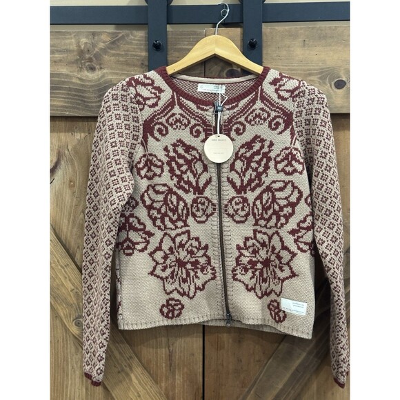 ODD MOLLY Tan Maroon Floral Full Zip Cardigan Women's Sz 1 / Sm 100% Cotton New - Picture 2 of 5